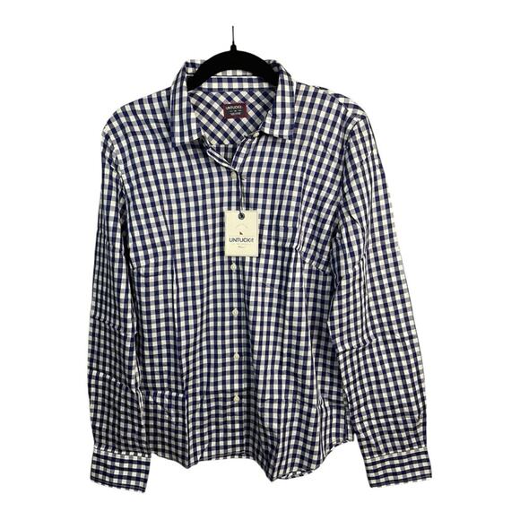 UNTUCKit Women's Gingham Blue and White Long Sleeve Button Up Shirt Size 10 NWT - Picture 3 of 11